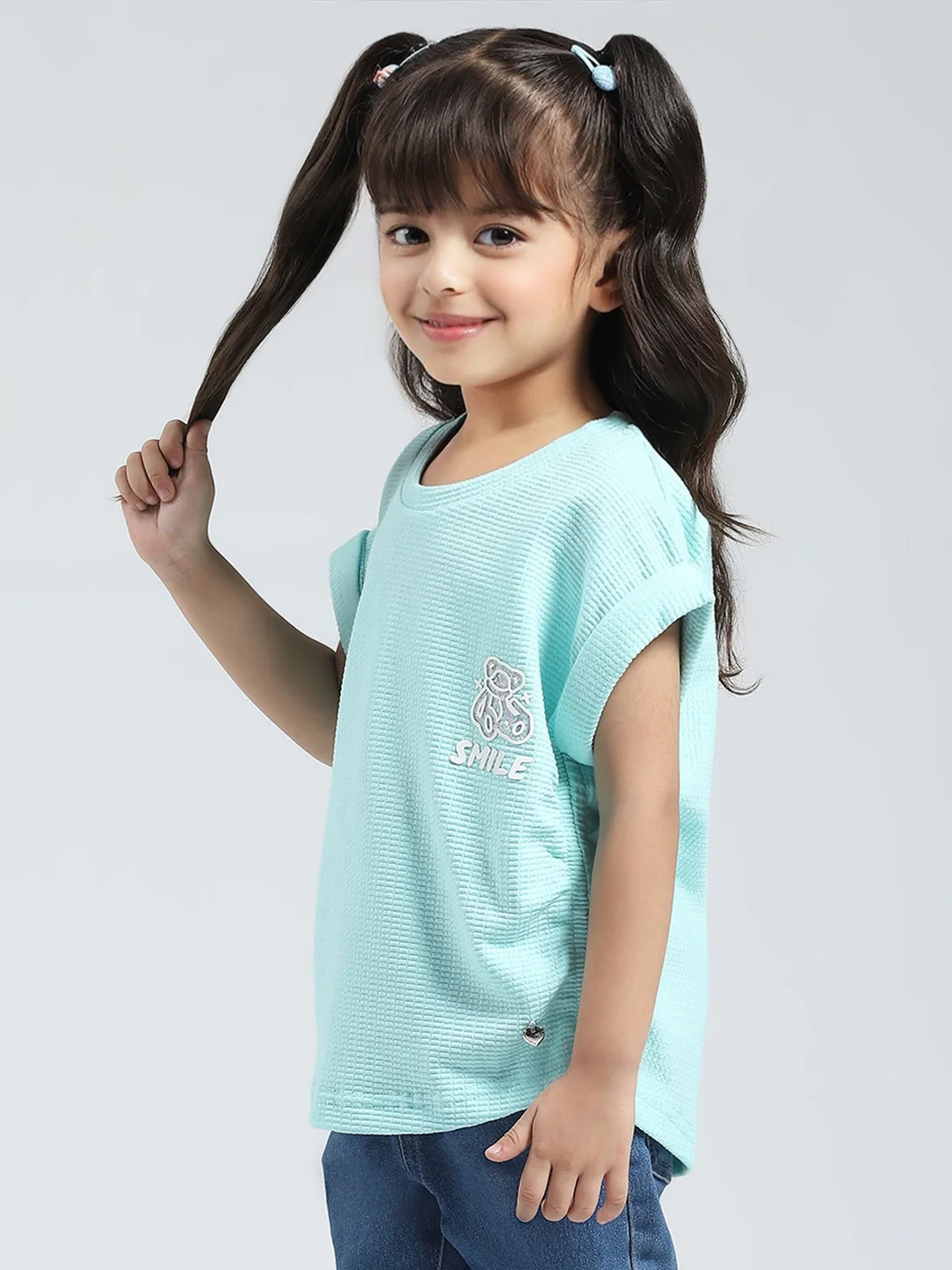 Girls Blue Solid Round Neck Half Sleeve Top - Image 3