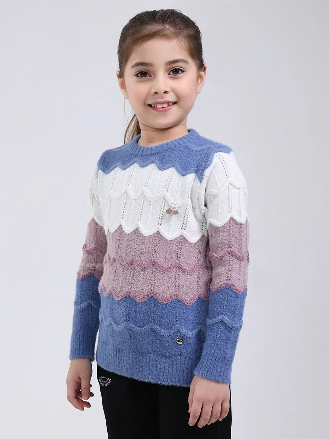 Girls Blue Stripe Round Neck Full Sleeve Pullover - Image 3