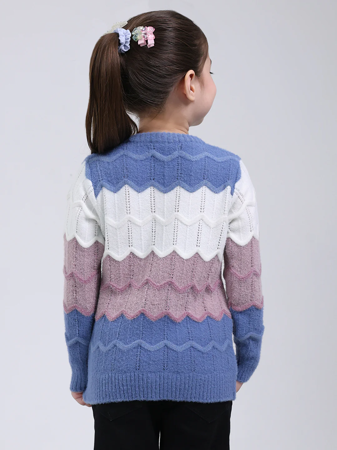 Girls Blue Stripe Round Neck Full Sleeve Pullover - Image 5