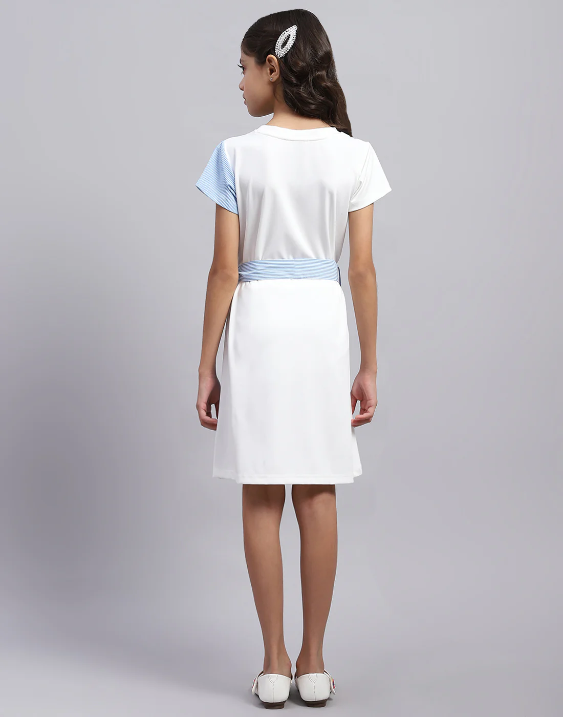 Girls Blue Stripe Round Neck Half Sleeve Dress - Image 5