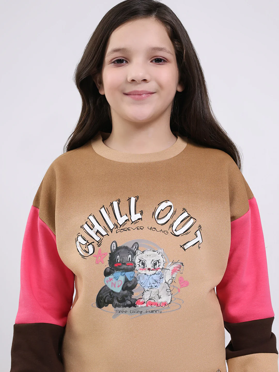 Girls Brown Printed Round Neck Full Sleeve Sweatshirt - Image 6