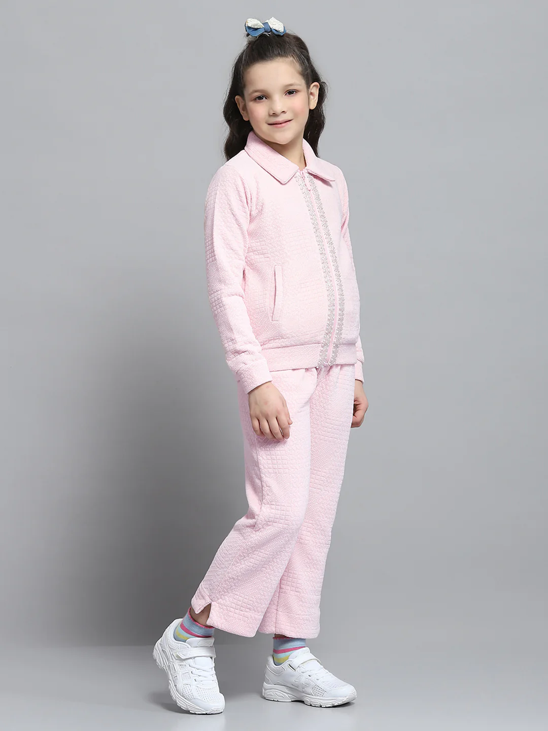 Girls Pink Self Design Collar Full Sleeve Cords Set - Image 4