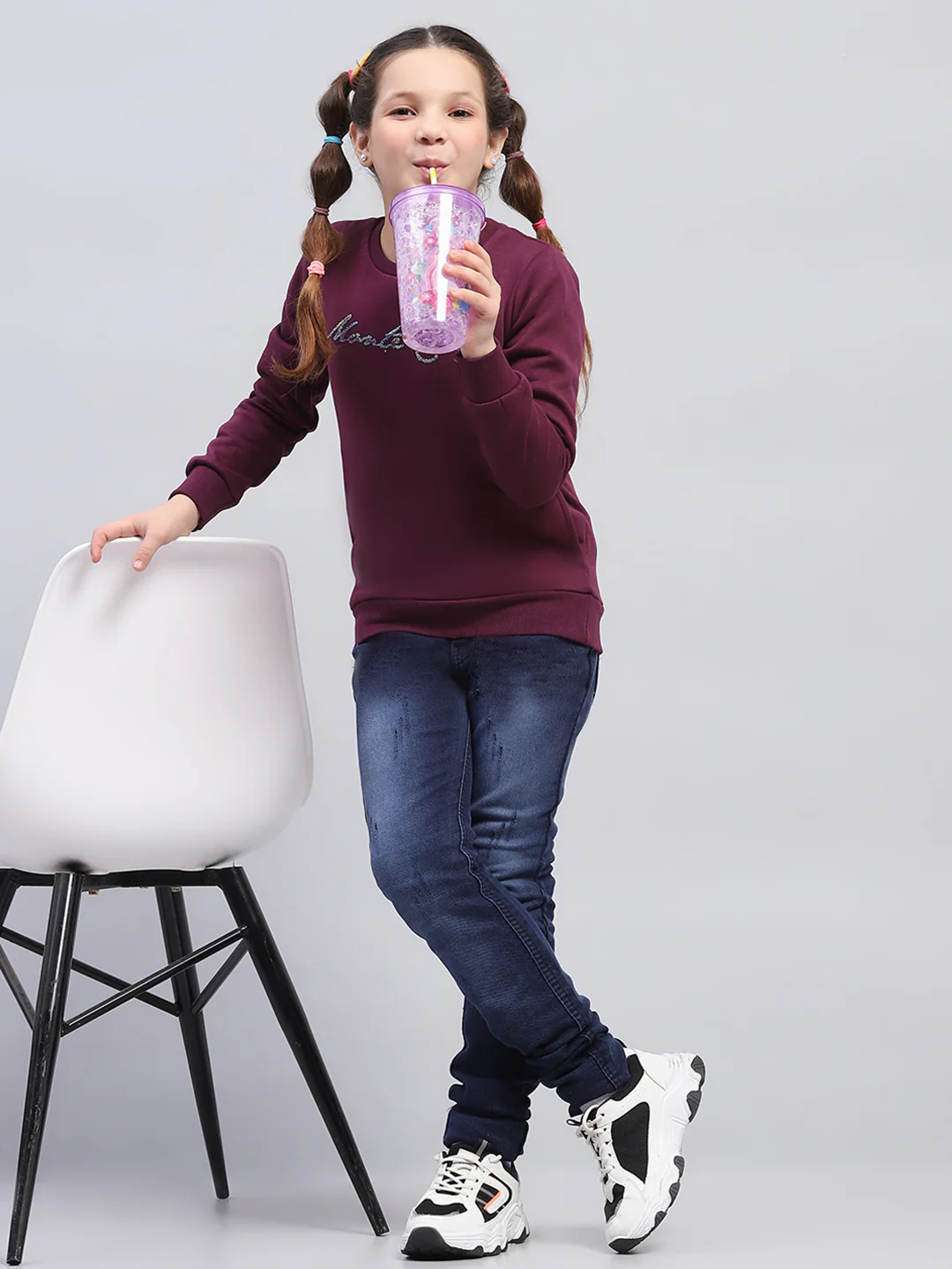 Girls Burgundy Printed Round Neck Full Sleeve Sweatshirt - Image 2