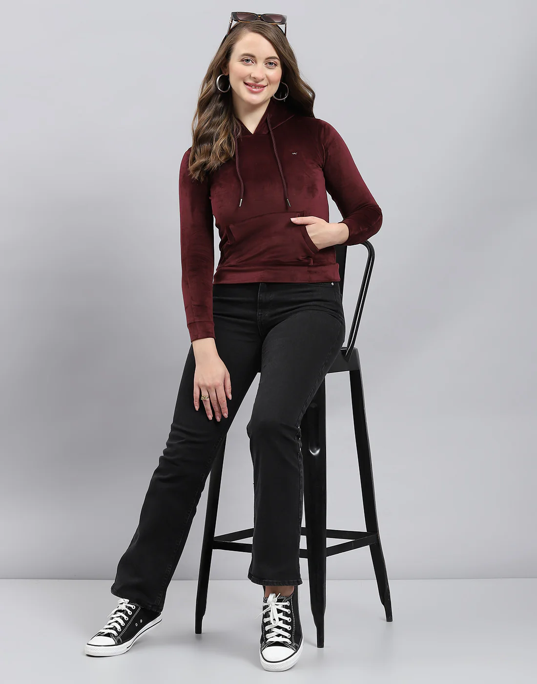 Girls Burgundy Solid Hooded Full Sleeve Sweatshirt - Image 5