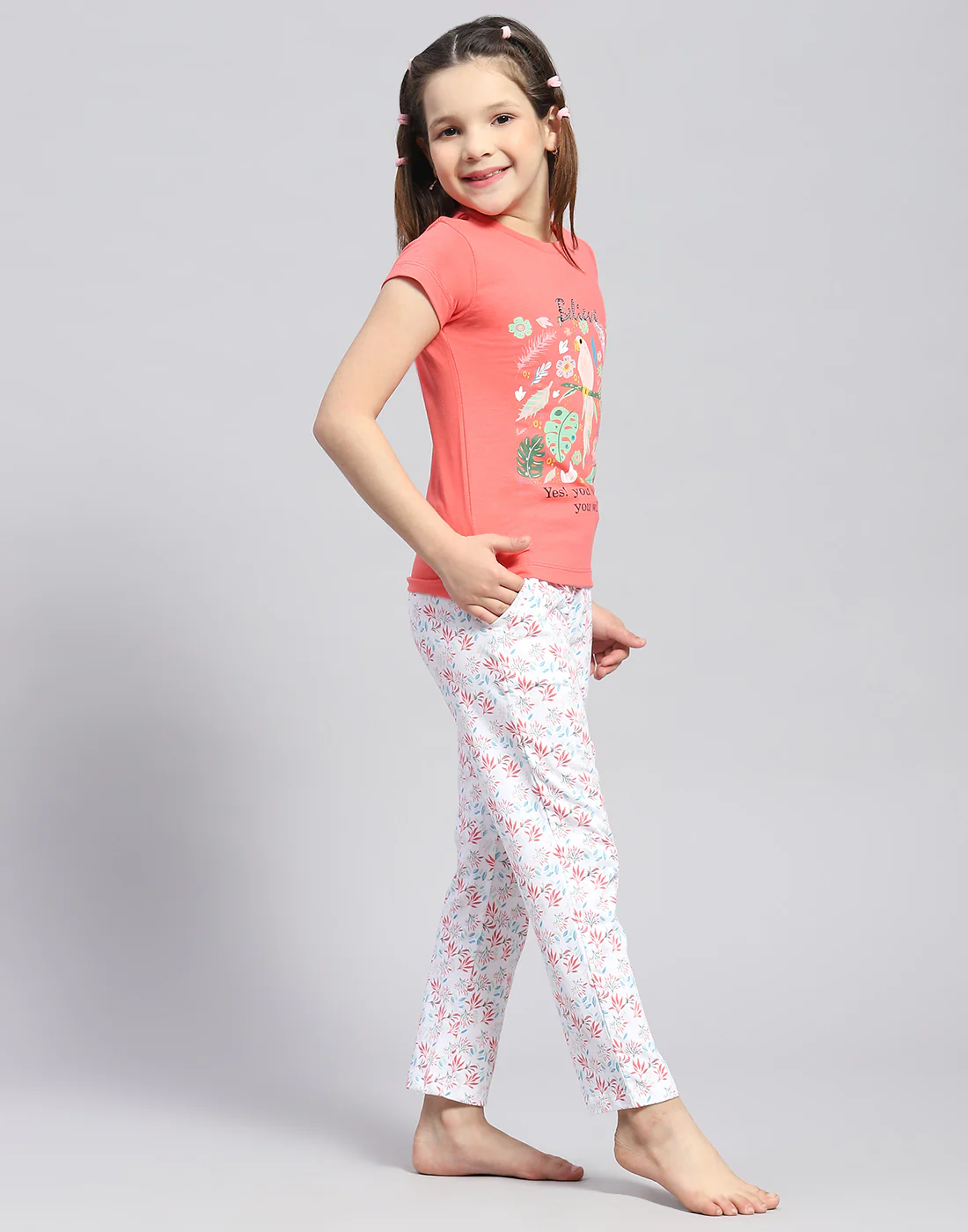 Girls Coral Printed Round Neck Half Sleeve Lower Set - Image 4