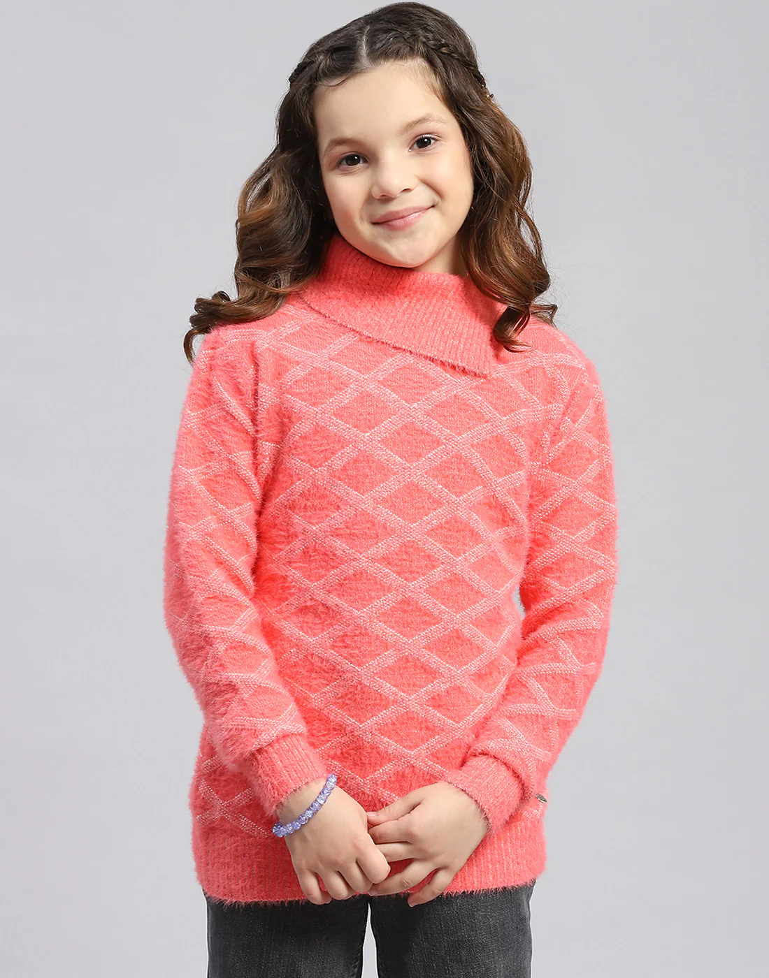 Girls Coral Self Design F Neck Full Sleeve Sweater - Image 3