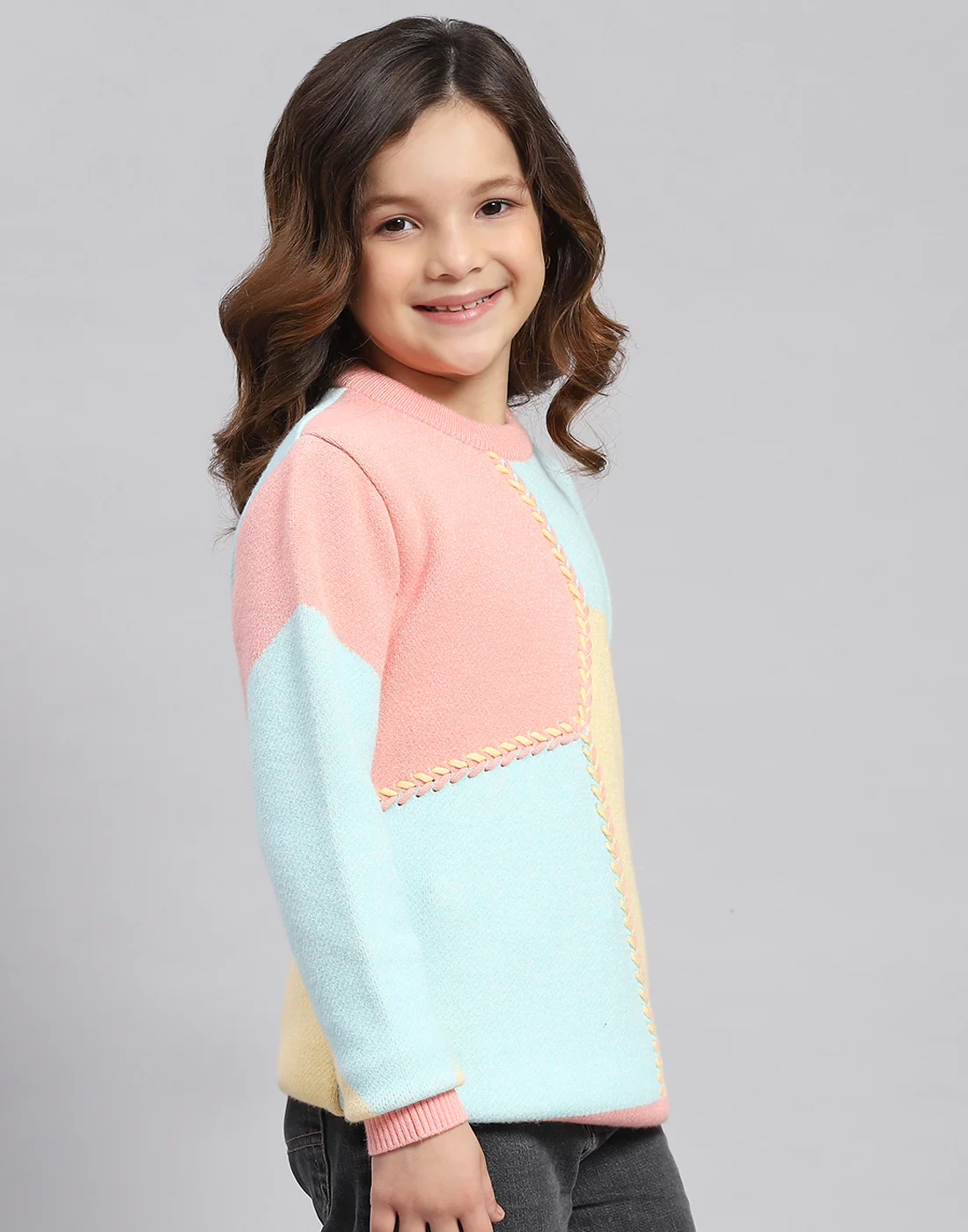 Girls Coral Self Design Round Neck Full Sleeve Sweater - Image 5