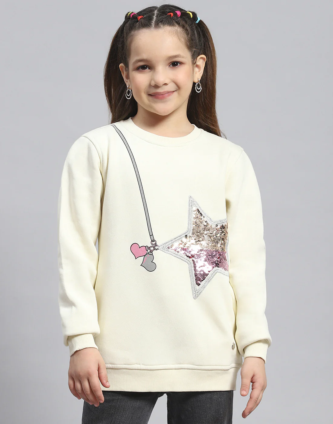 Girls Cream Embellished Round Neck Full Sleeve Sweatshirt - Image 2