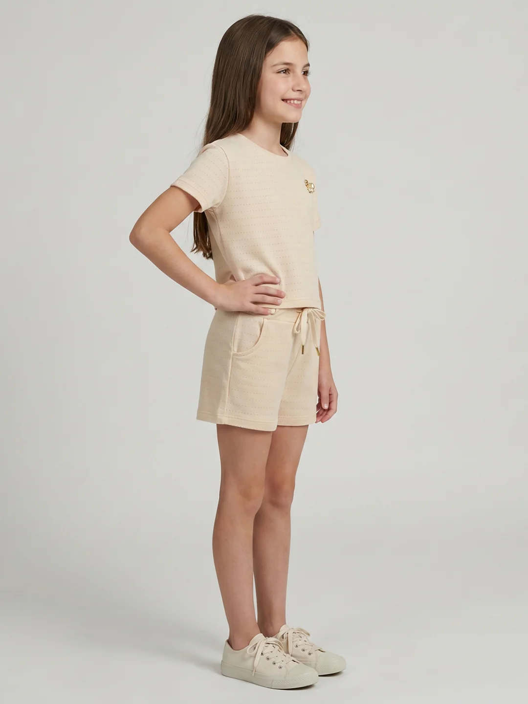 Girls Cream Jacquard Round Neck Half Sleeve Cords Set - Image 3