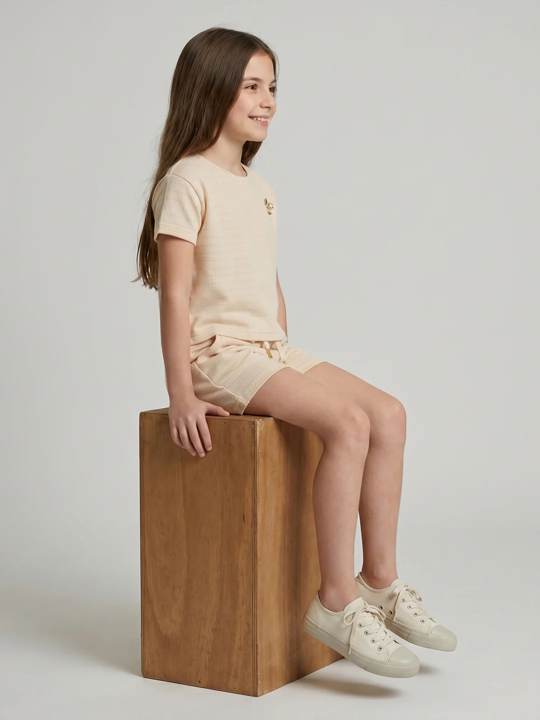 Girls Cream Jacquard Round Neck Half Sleeve Cords Set - Image 5