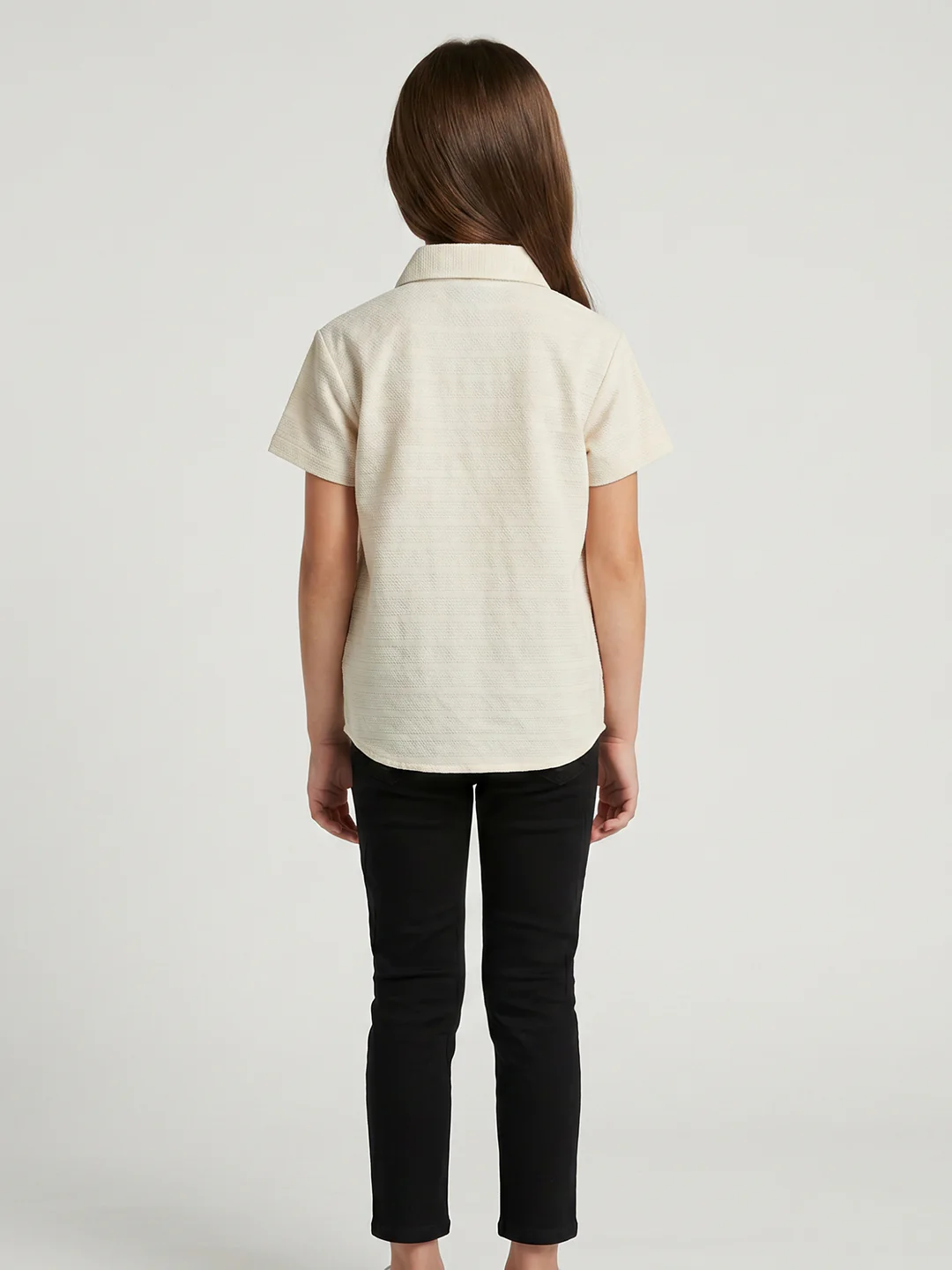 Girls Cream Printed Collar Half Sleeve Top - Image 2
