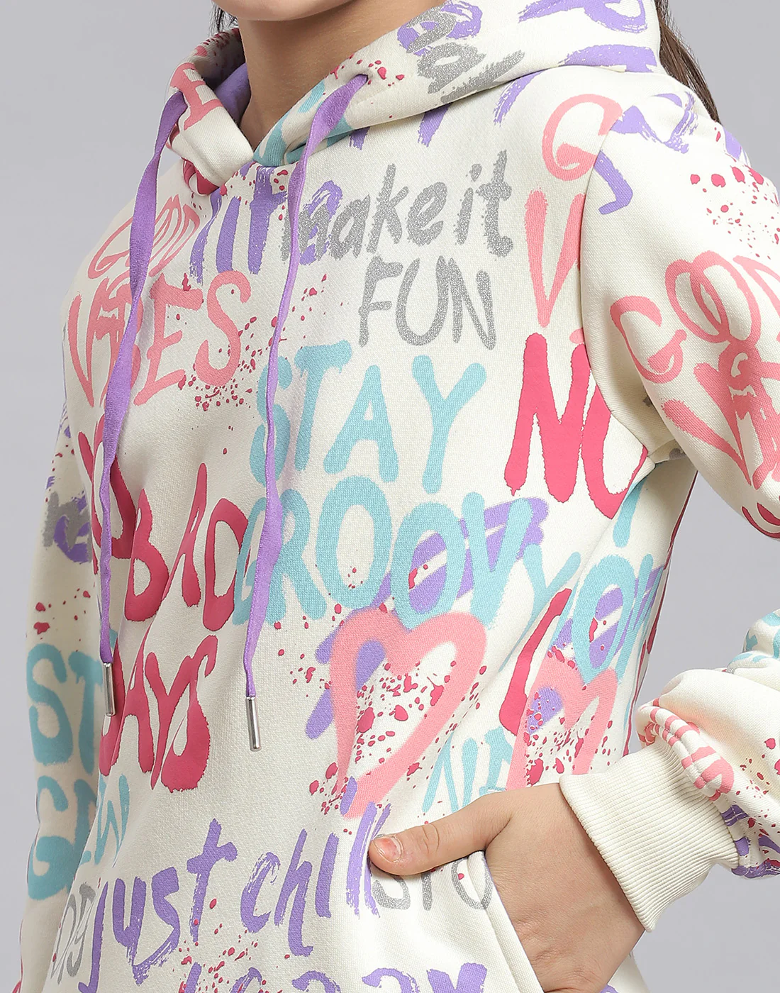Girls Cream Printed Hooded Full Sleeve Sweatshirt - Image 6