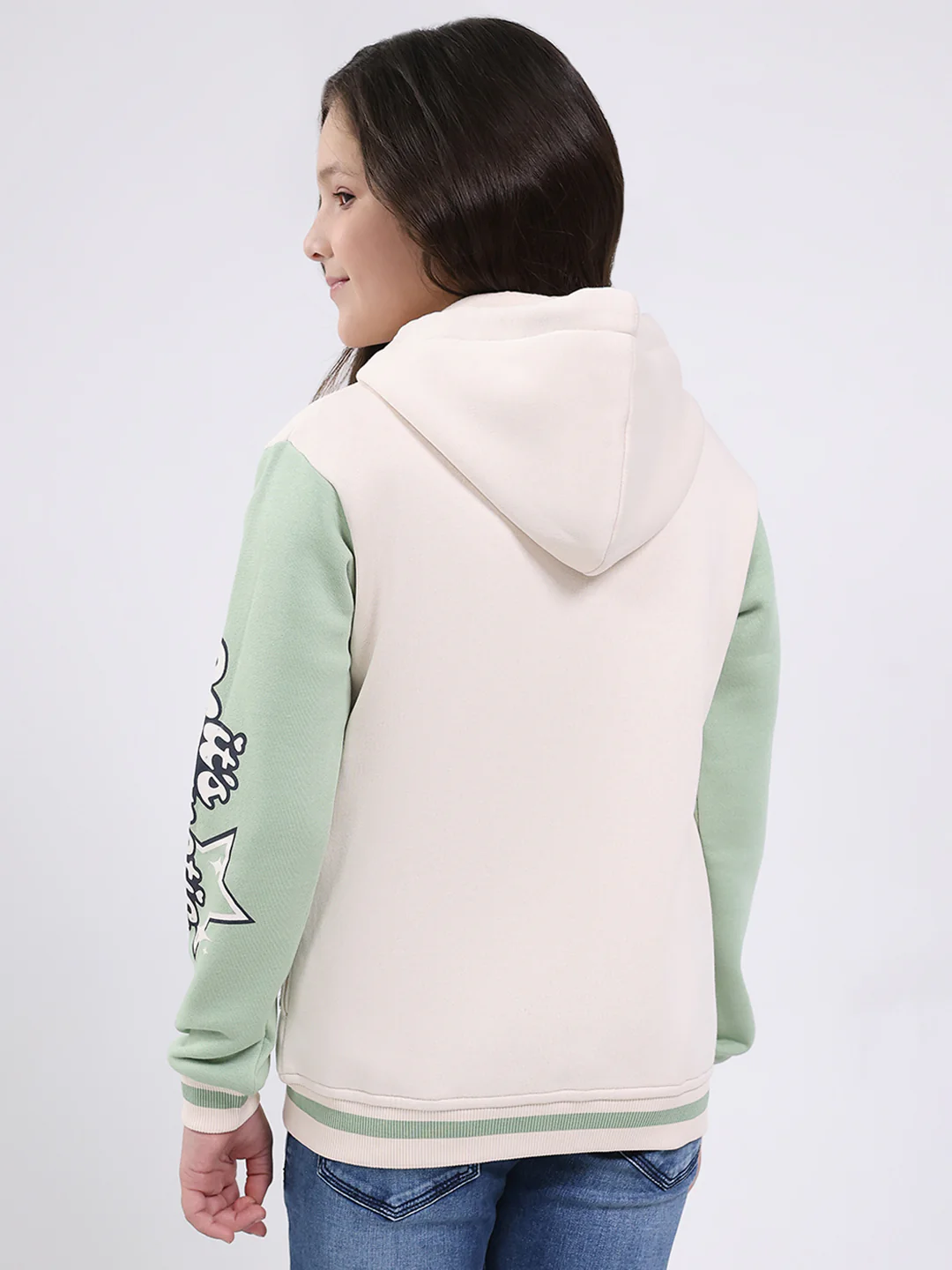Girls Cream Printed Hooded Full Sleeve Sweatshirt - Image 5