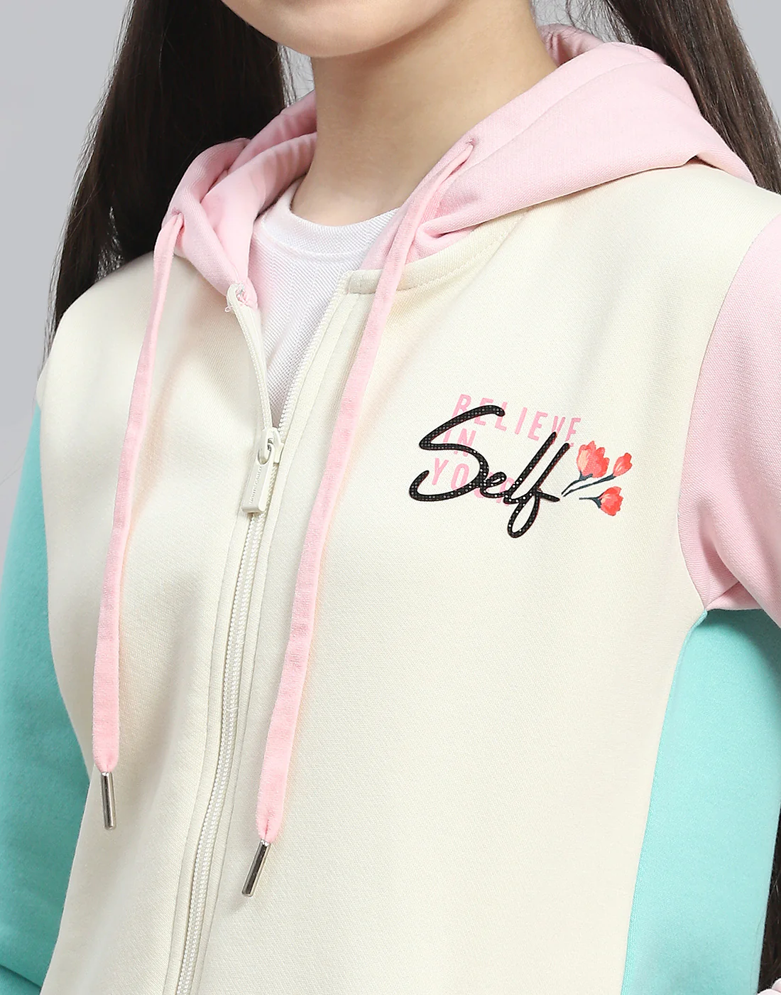 Girls Cream Printed Hooded Full Sleeve Tracksuit - Image 9