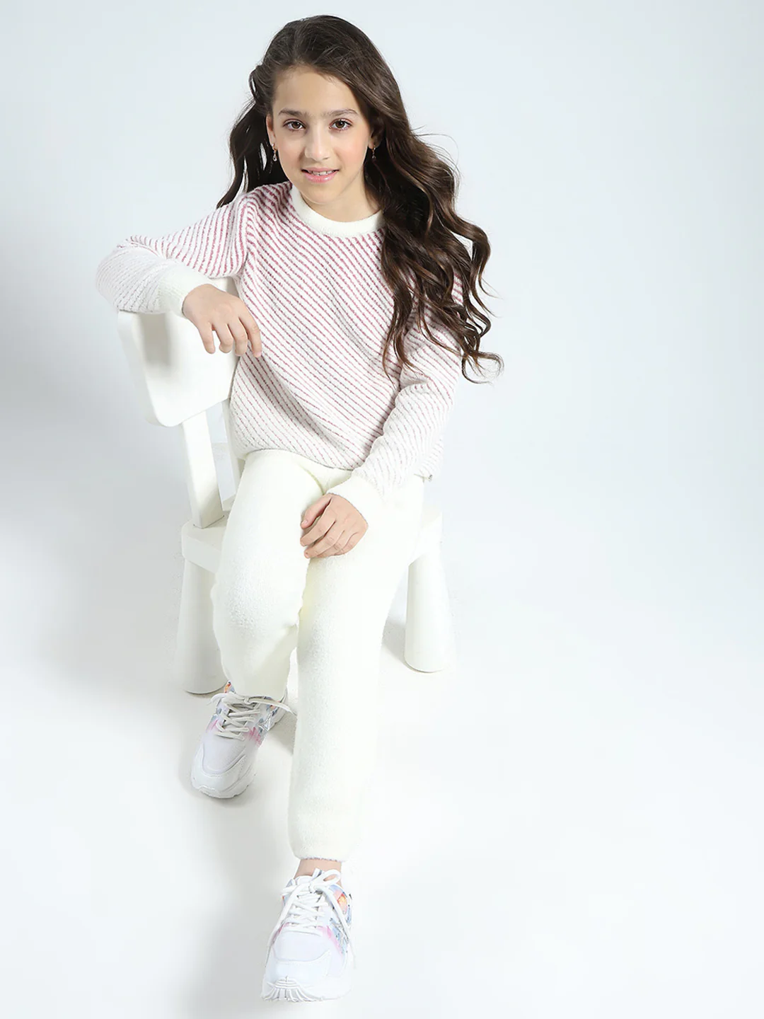 Girls Cream Self Design Round Neck Full Sleeve Cords Set - Image 2