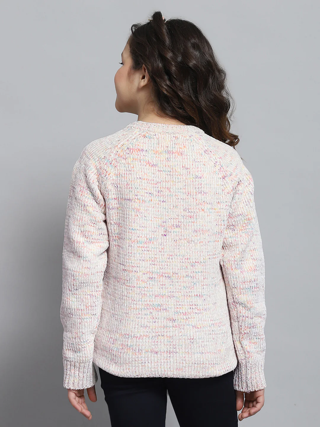 Girls Cream Self Design Round Neck Full Sleeve Winter Top - Image 5