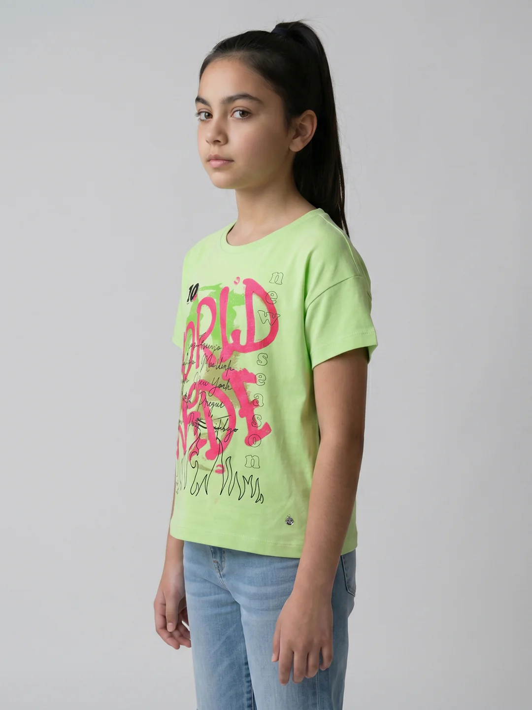 Girls Fluorescent Green Printed Round Neck Half Sleeve Top - Image 2