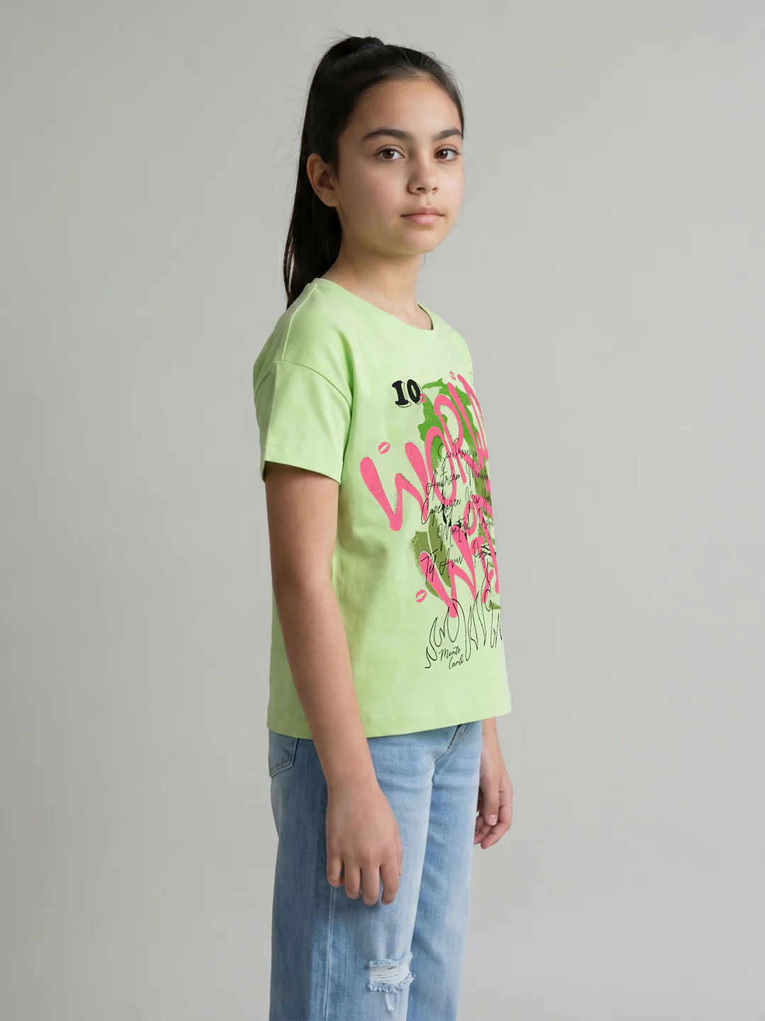Girls Fluorescent Green Printed Round Neck Half Sleeve Top - Image 3