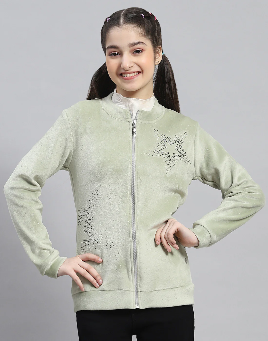 Girls Green Embellished Stand Collar Full Sleeve Sweatshirt - Image 2