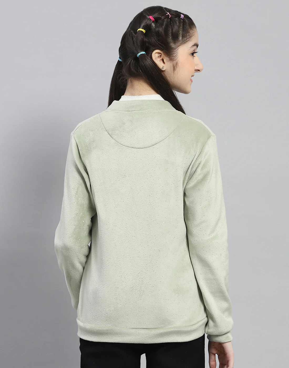 Girls Green Embellished Stand Collar Full Sleeve Sweatshirt - Image 5
