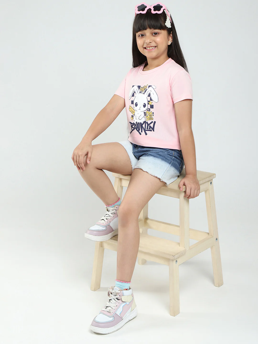 Girls Green & Pink Printed Round Neck Half Sleeve Top 2Pc Set - Image 2