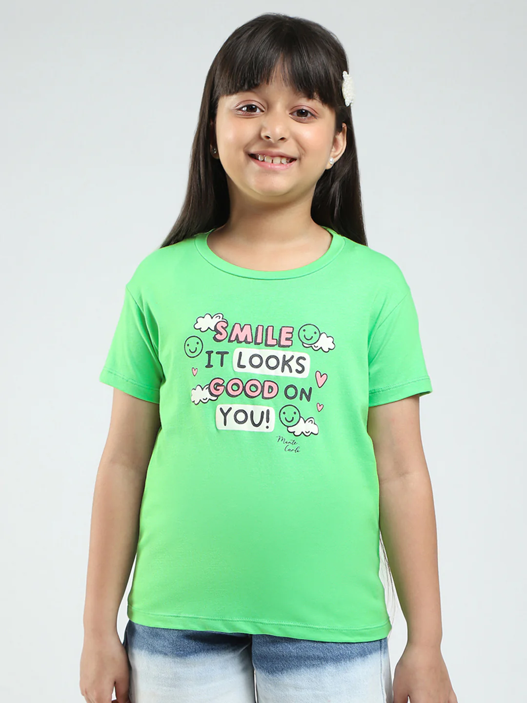 Girls Green & Pink Printed Round Neck Half Sleeve Top 2Pc Set - Image 7