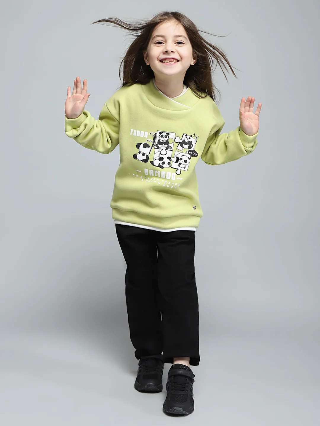 Girls Green Printed Band Collar Full Sleeve Sweatshirt - Image 2