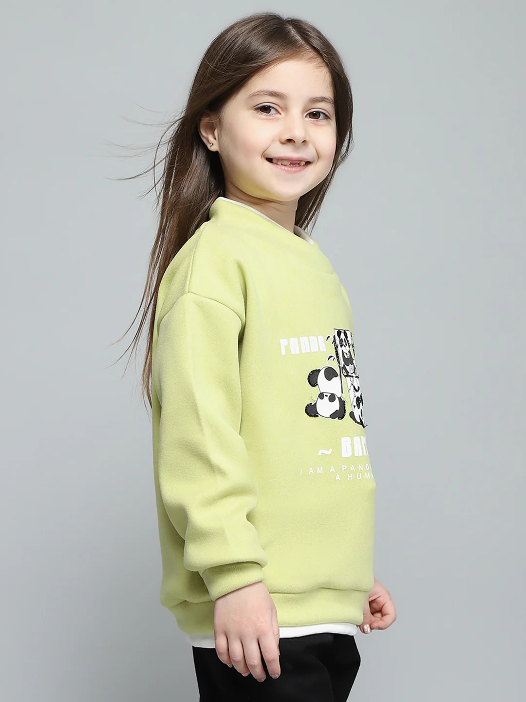 Girls Green Printed Band Collar Full Sleeve Sweatshirt - Image 4