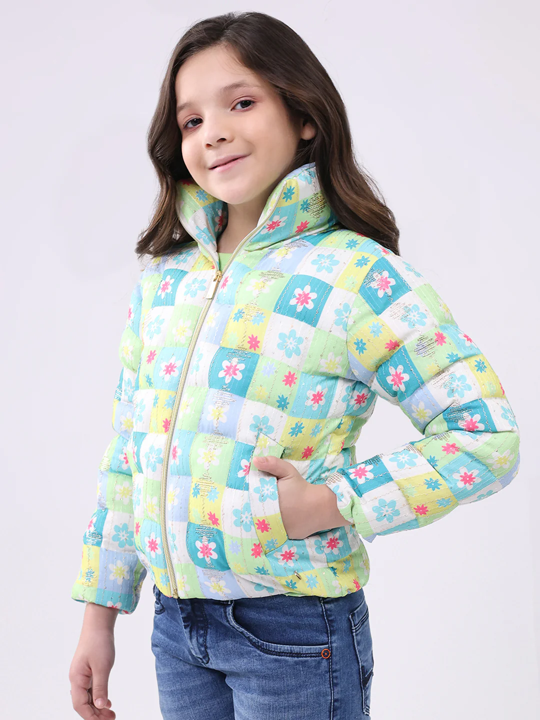 Girls Green Printed Collar Full Sleeve Jacket - Image 3