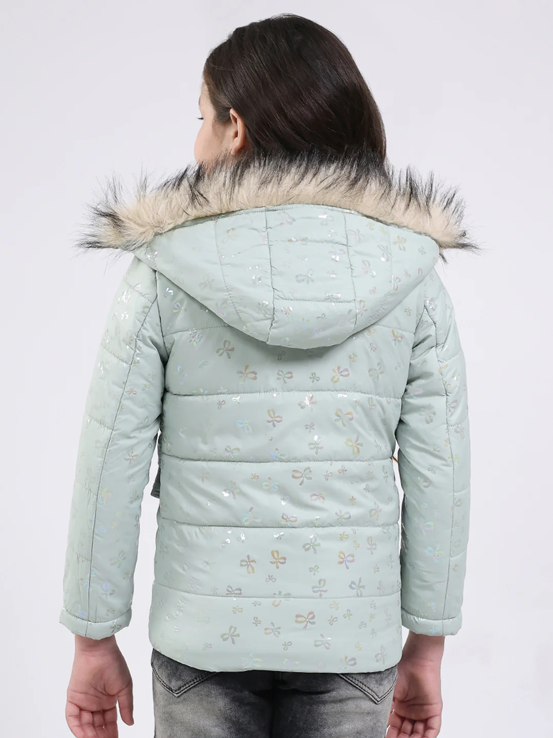 Girls Green Printed Hooded Full Sleeve Jacket - Image 5