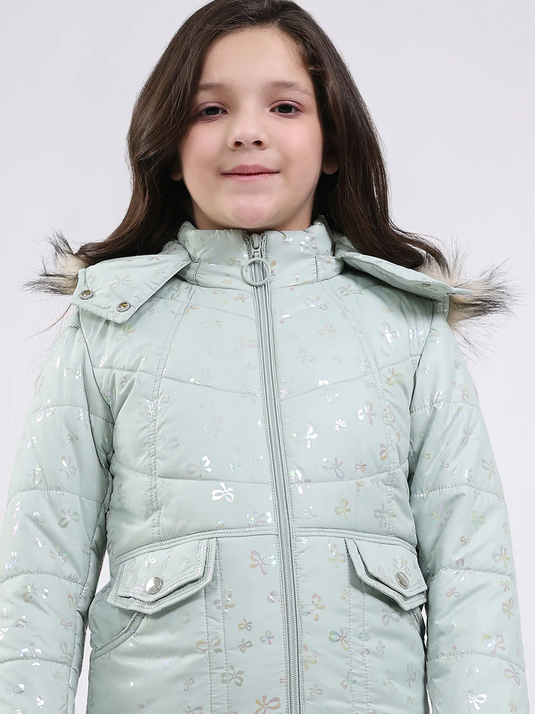 Girls Green Printed Hooded Full Sleeve Jacket - Image 7