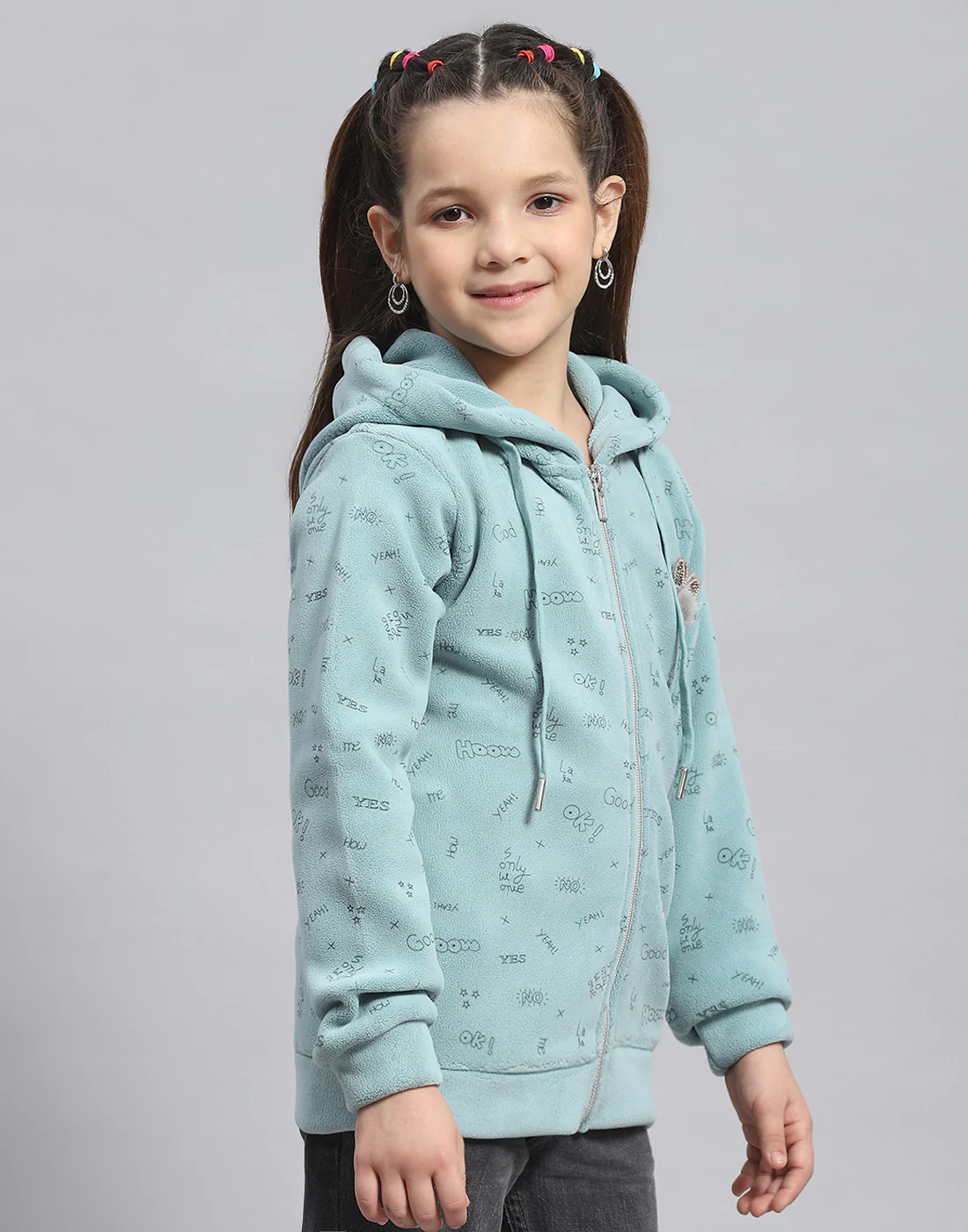 Girls Green Printed Hooded Full Sleeve Sweatshirt - Image 4