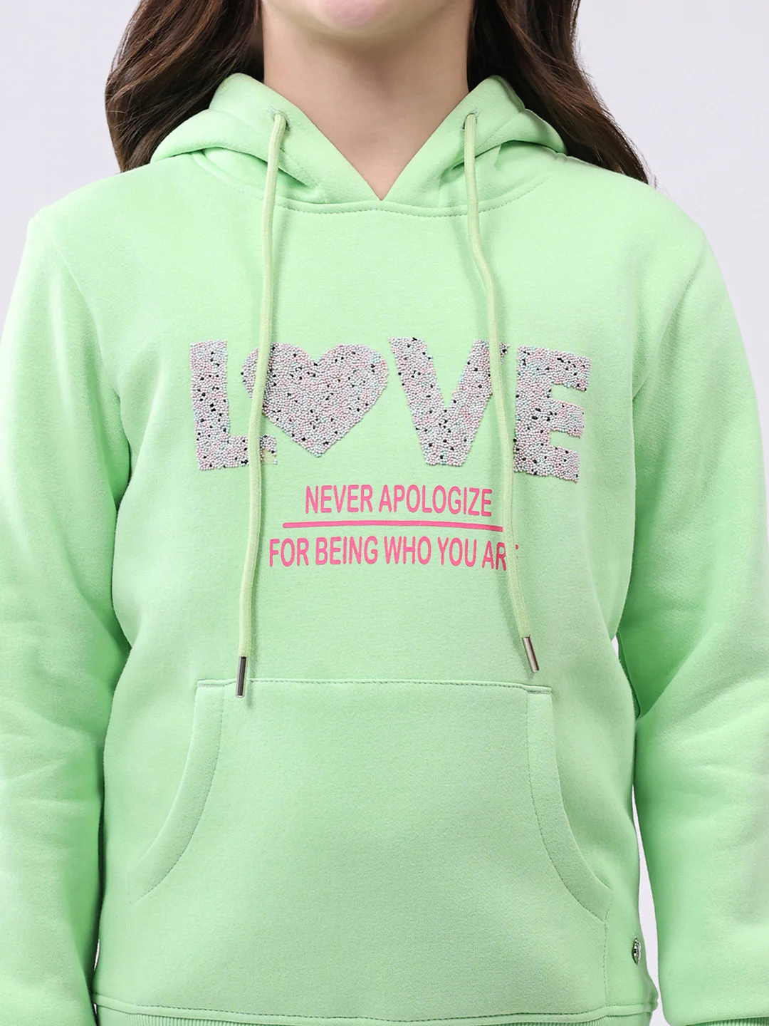 Girls Green Printed Hooded Full Sleeve Sweatshirt - Image 6