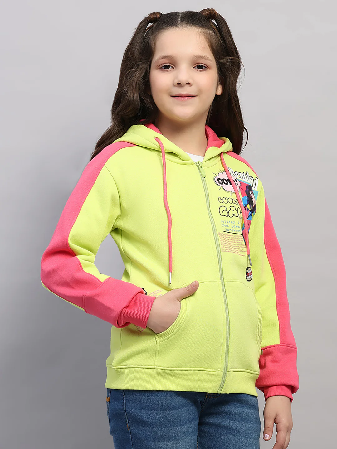 Girls Green Printed Hooded Full Sleeve Sweatshirt - Image 4
