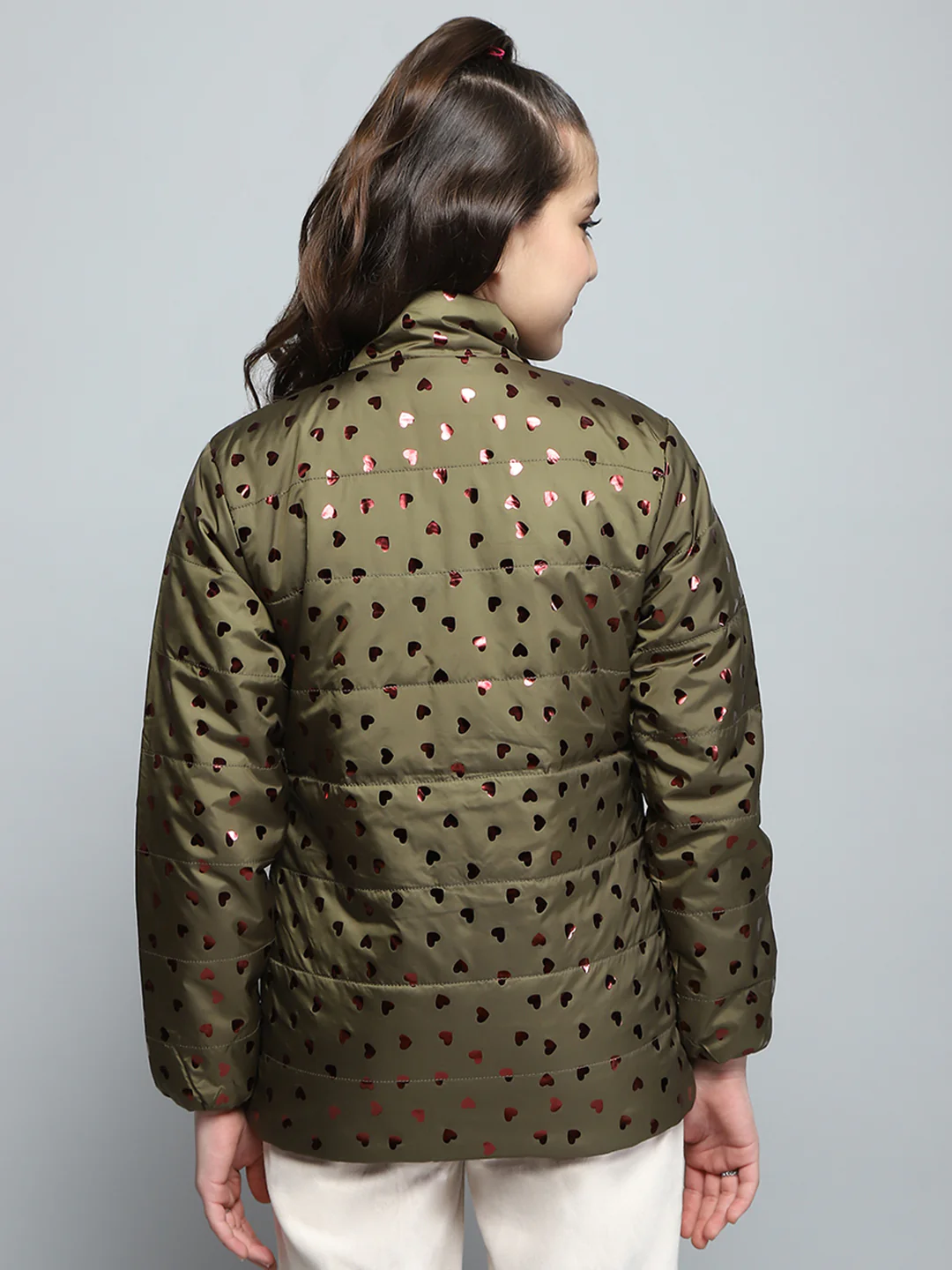 Girls Green Printed Mock Neck Full Sleeve Reversible Jacket - Image 5