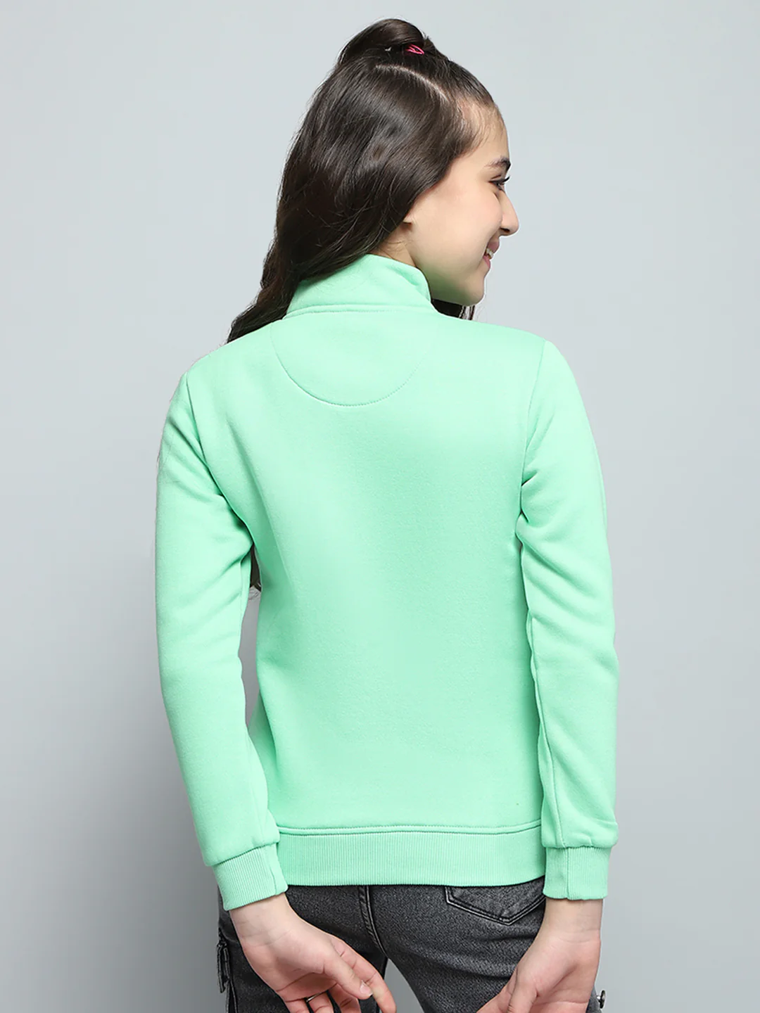 Girls Green Printed Mock Neck Full Sleeve Sweatshirt - Image 5