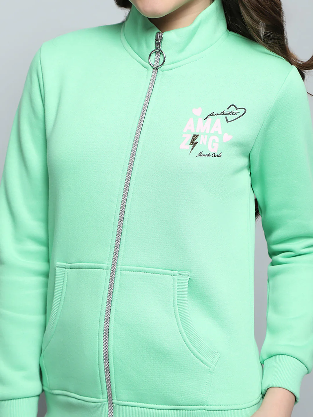 Girls Green Printed Mock Neck Full Sleeve Sweatshirt - Image 7