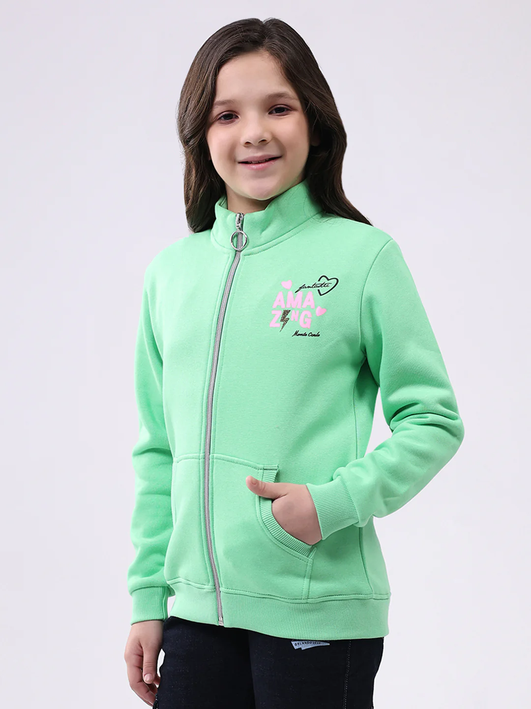 Girls Green Printed Mock Neck Full Sleeve Sweatshirt - Image 3