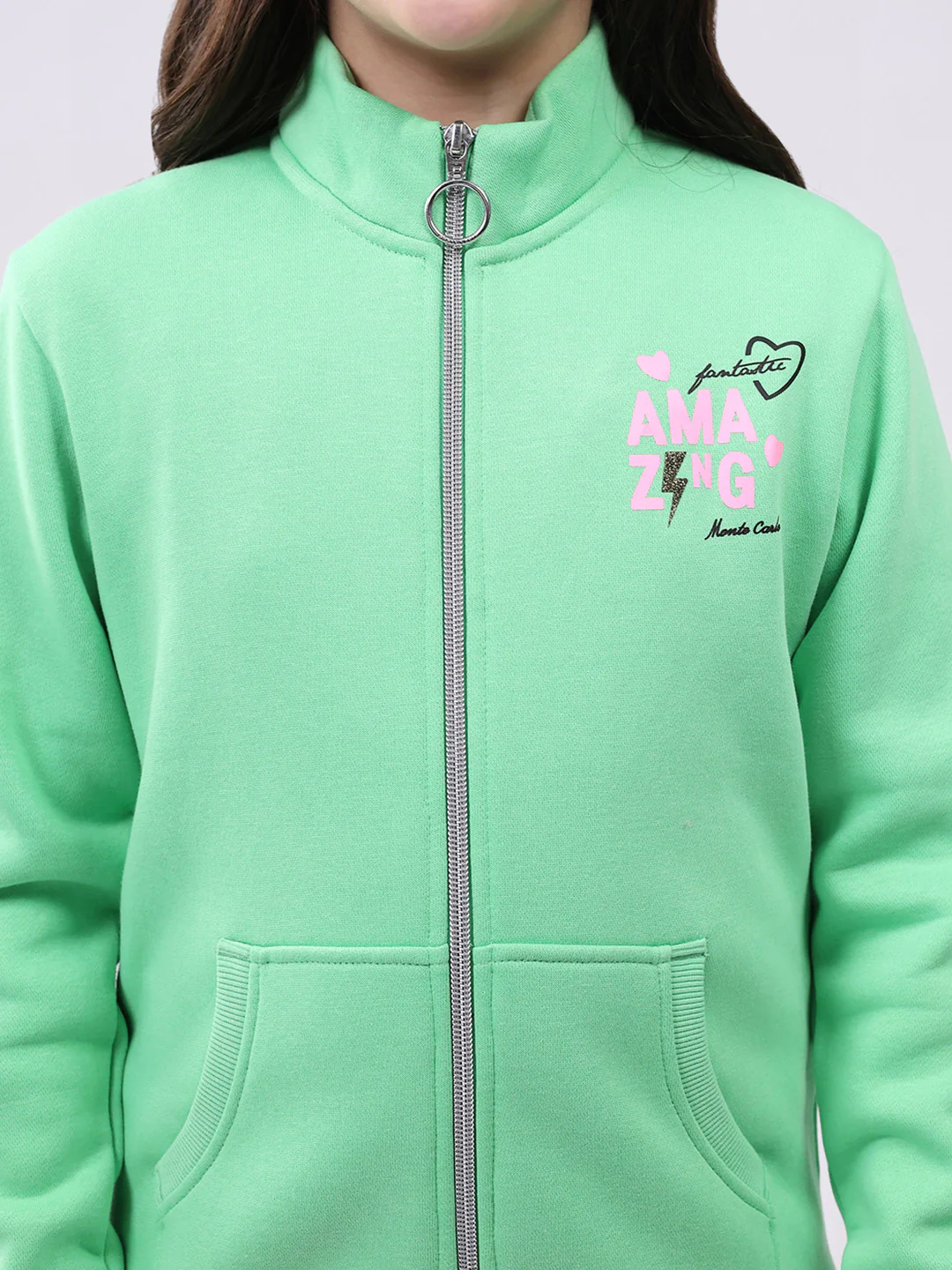 Girls Green Printed Mock Neck Full Sleeve Sweatshirt - Image 6