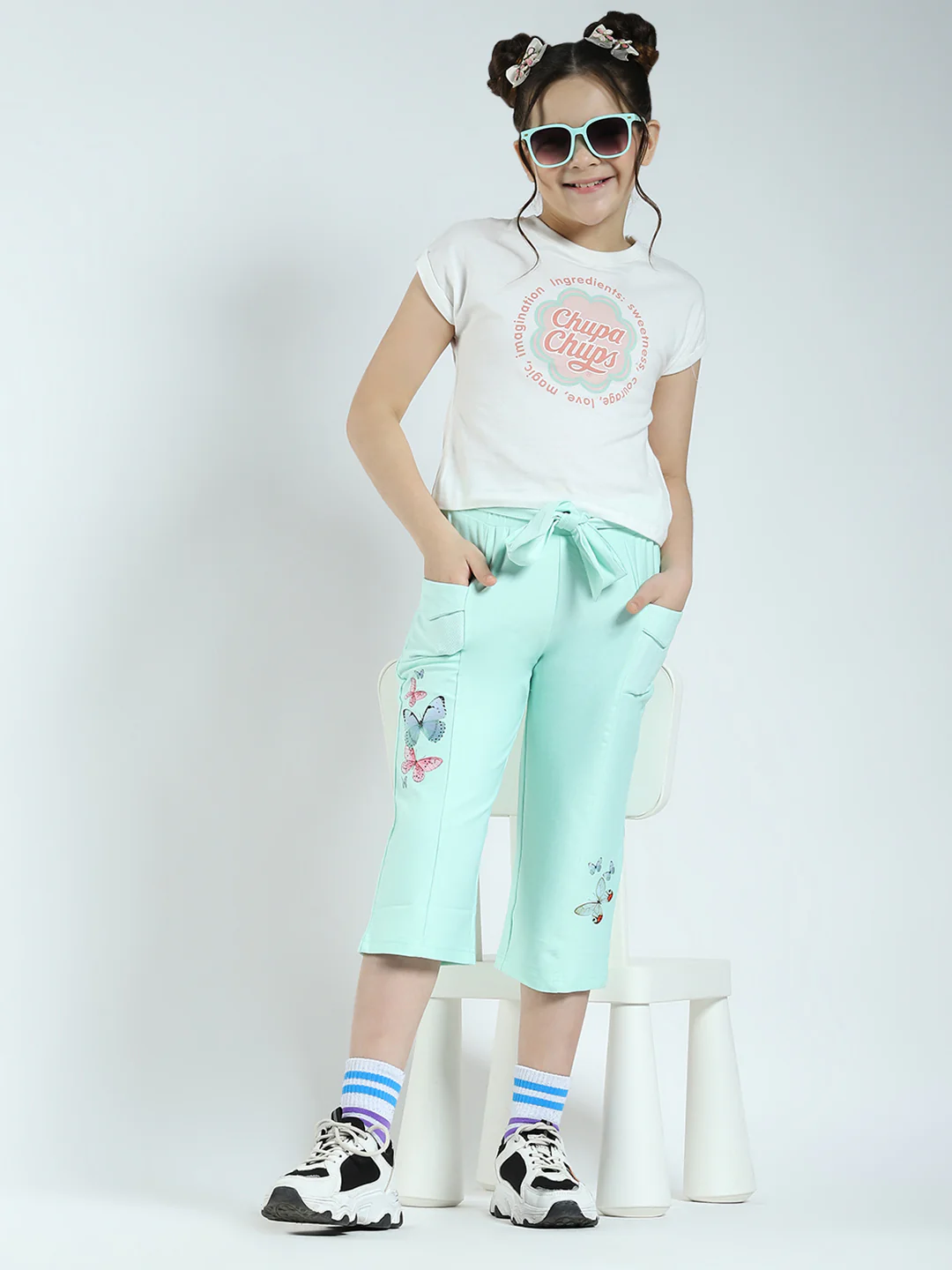 Girls Green Printed Regular Fit Capri - Image 2