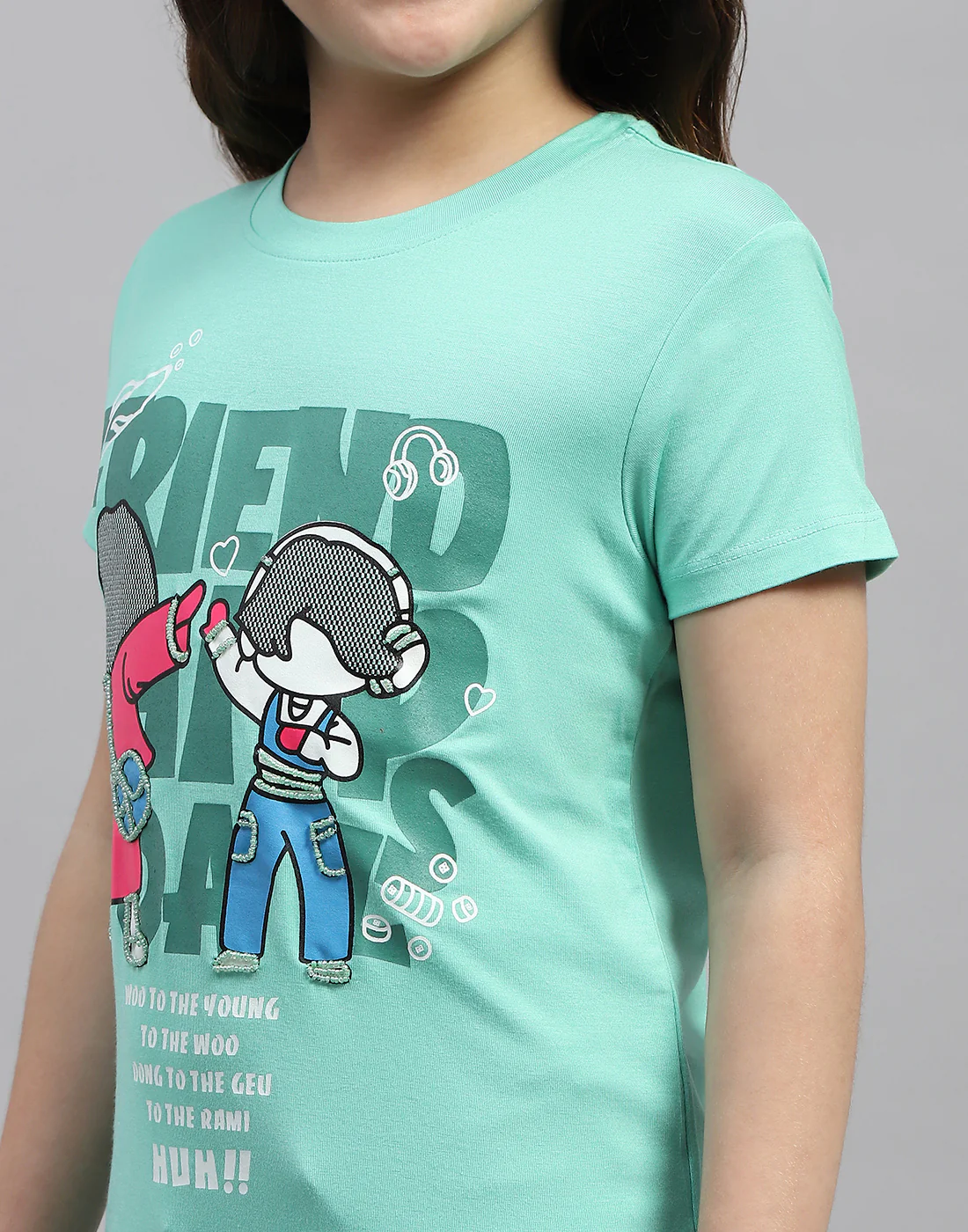 Girls Green Printed Round Neck Half Sleeve Top - Image 7