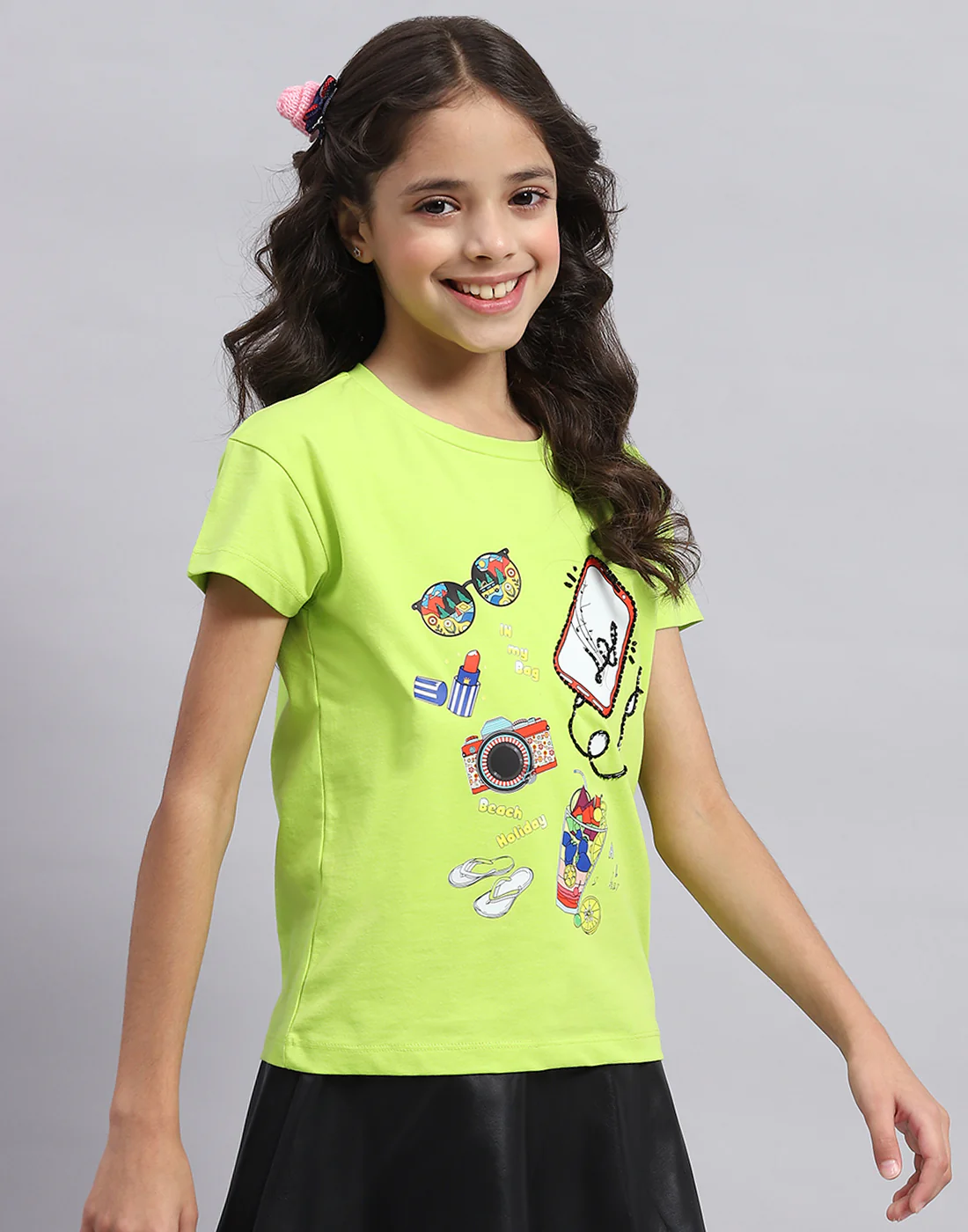 Girls Green Printed Round Neck Half Sleeve Top - Image 4