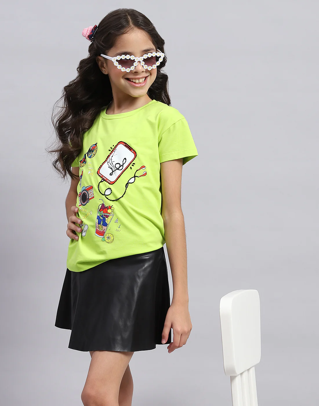 Girls Green Printed Round Neck Half Sleeve Top - Image 7