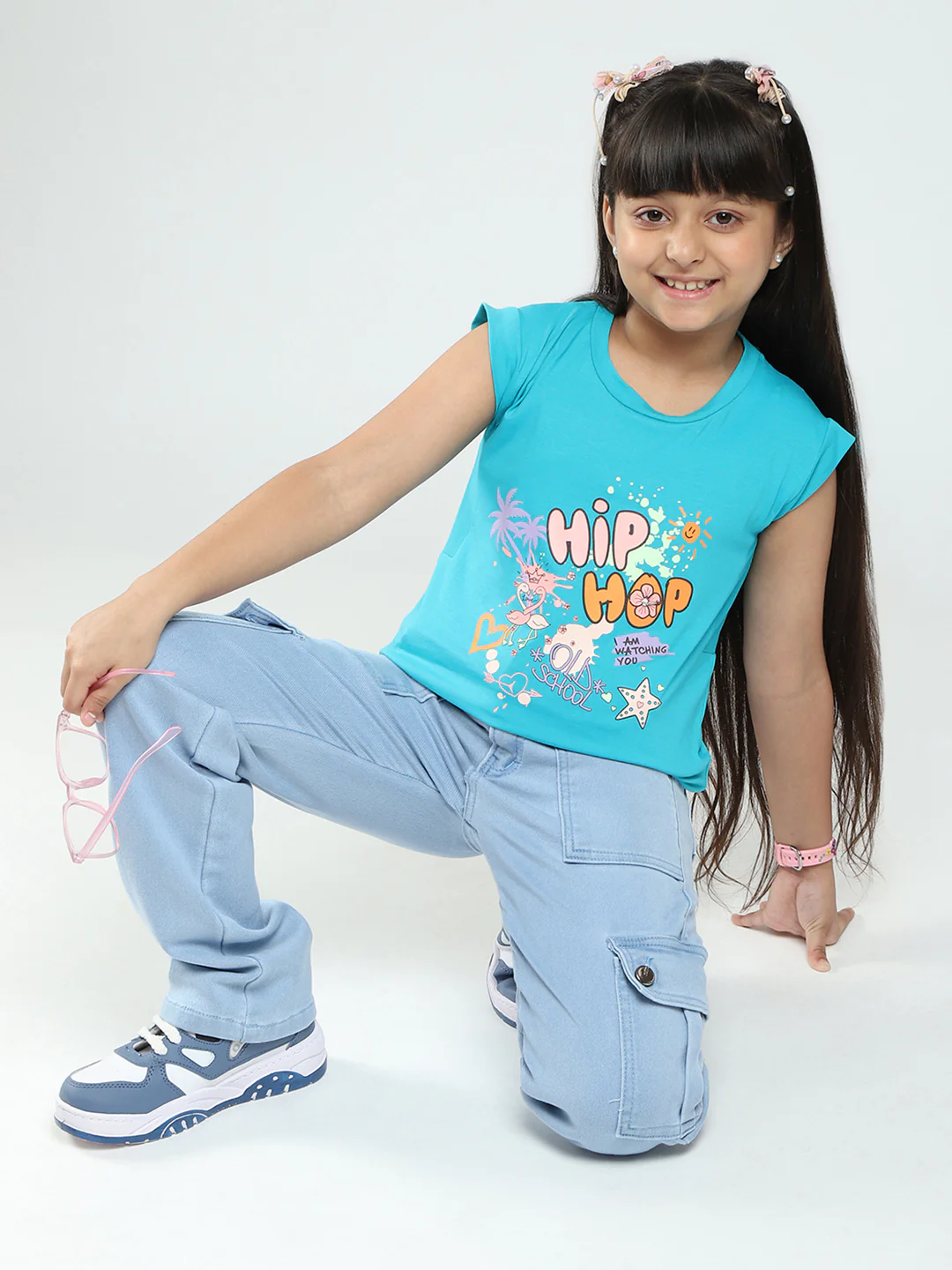 Girls Green Printed Round Neck Half Sleeve Top - Image 2
