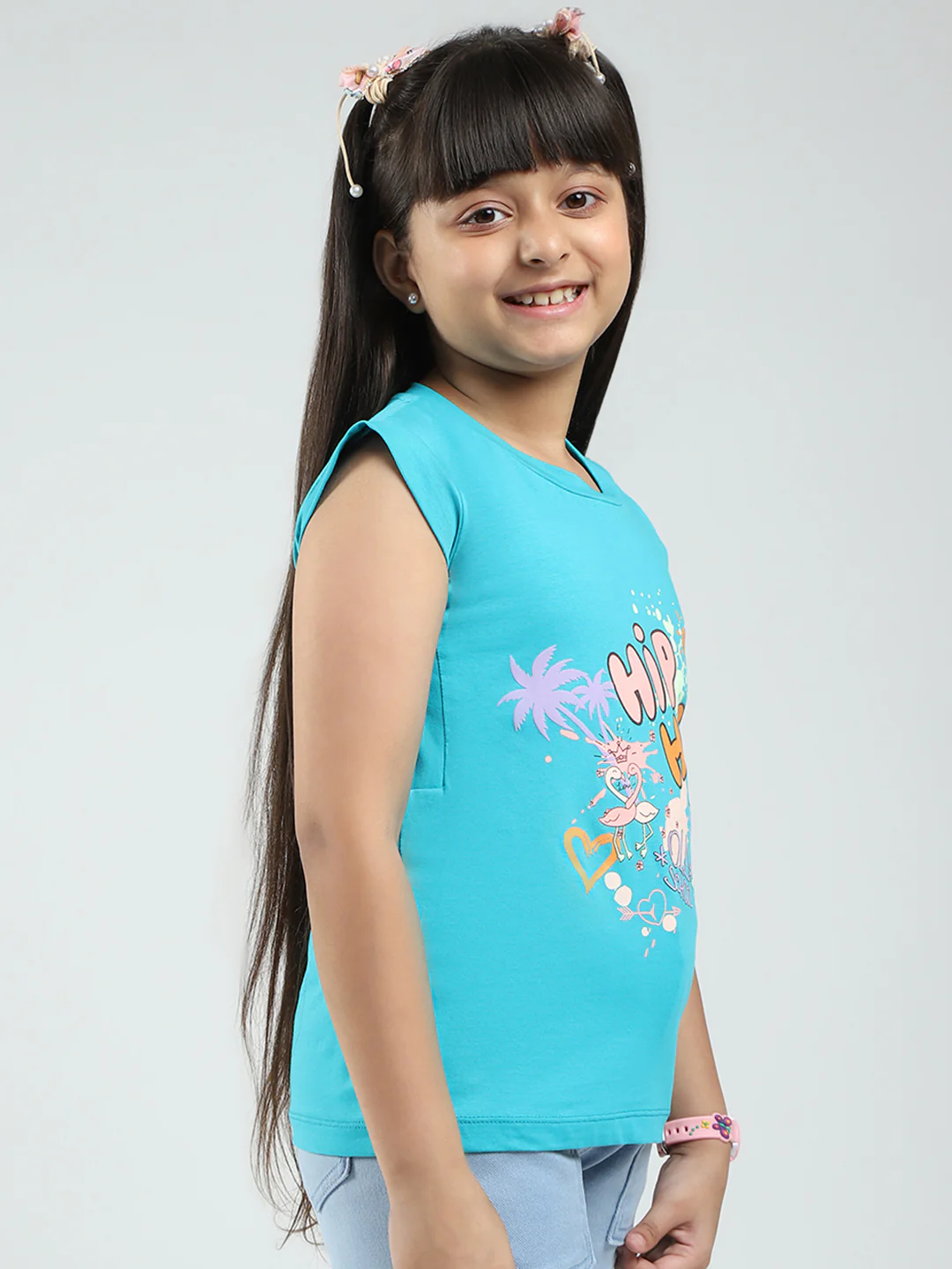 Girls Green Printed Round Neck Half Sleeve Top - Image 4