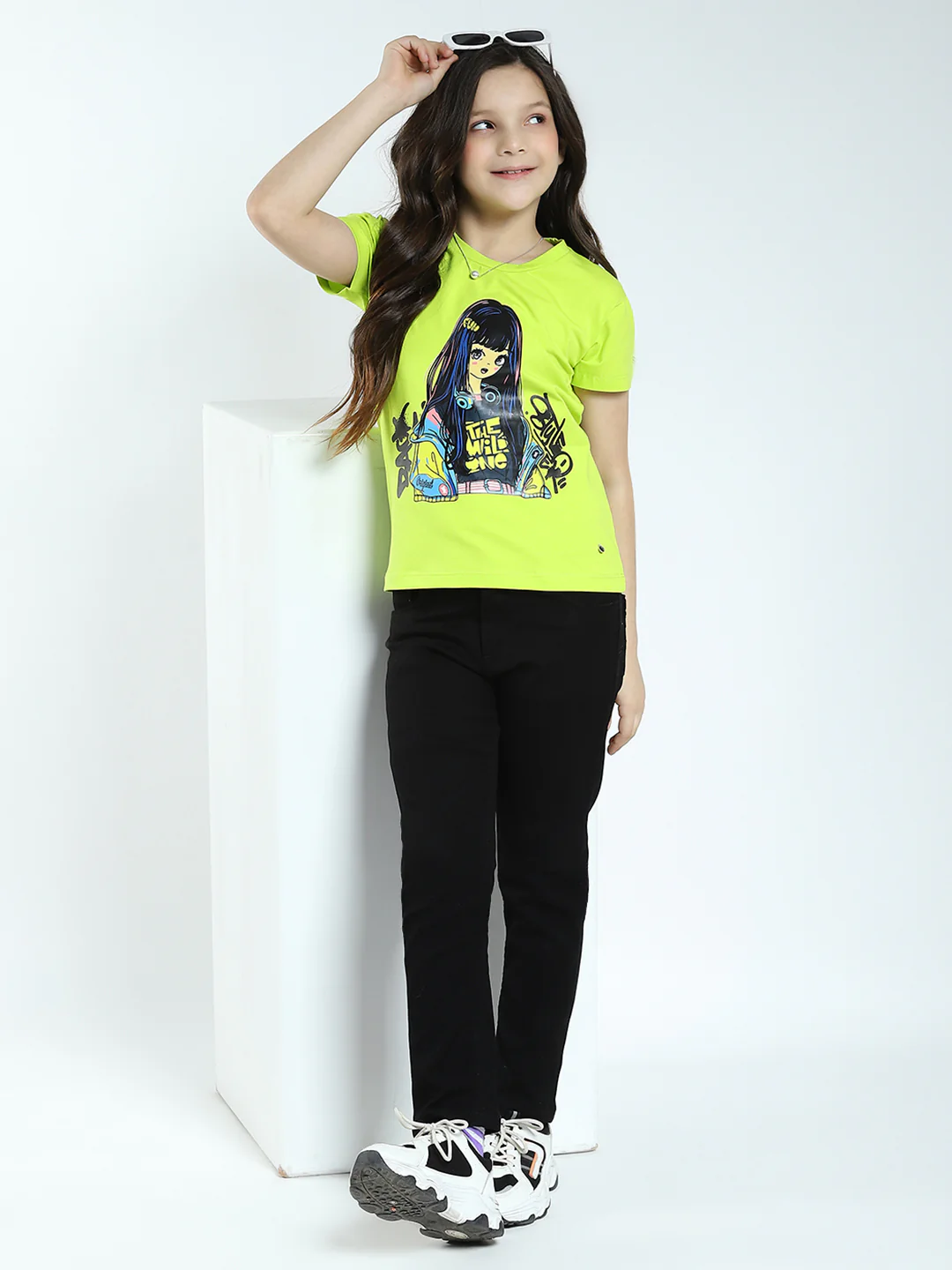 Girls Green Printed Round Neck Half Sleeve Top - Image 2