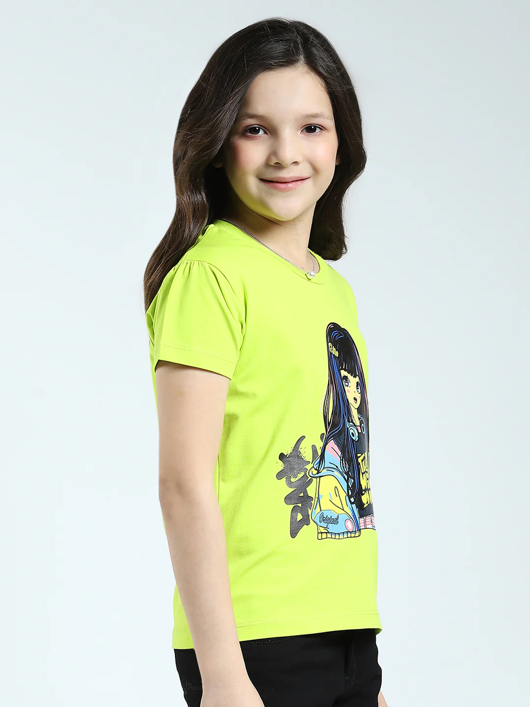 Girls Green Printed Round Neck Half Sleeve Top - Image 4