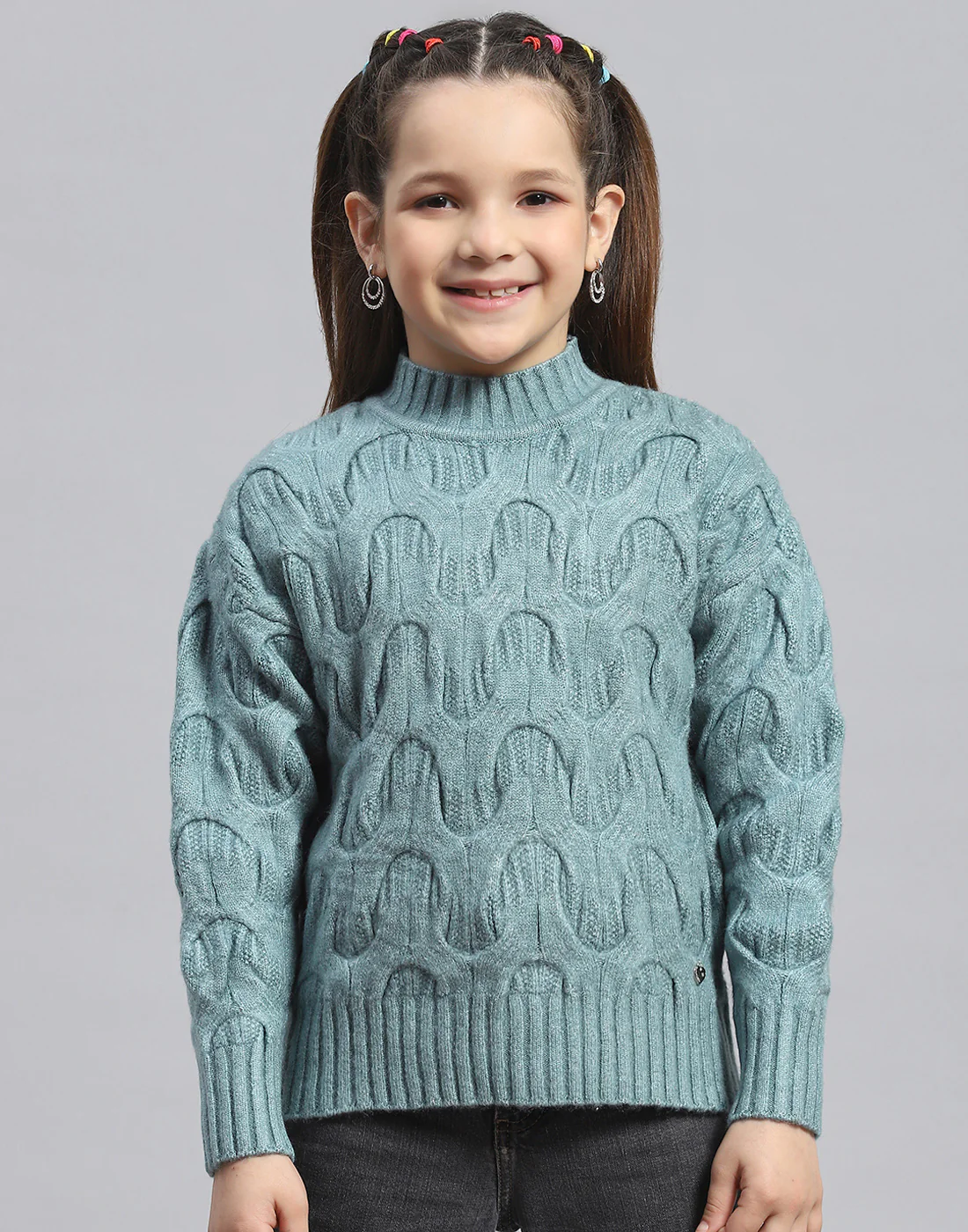 Girls Green Self Design T Neck Full Sleeve Sweater - Image 2