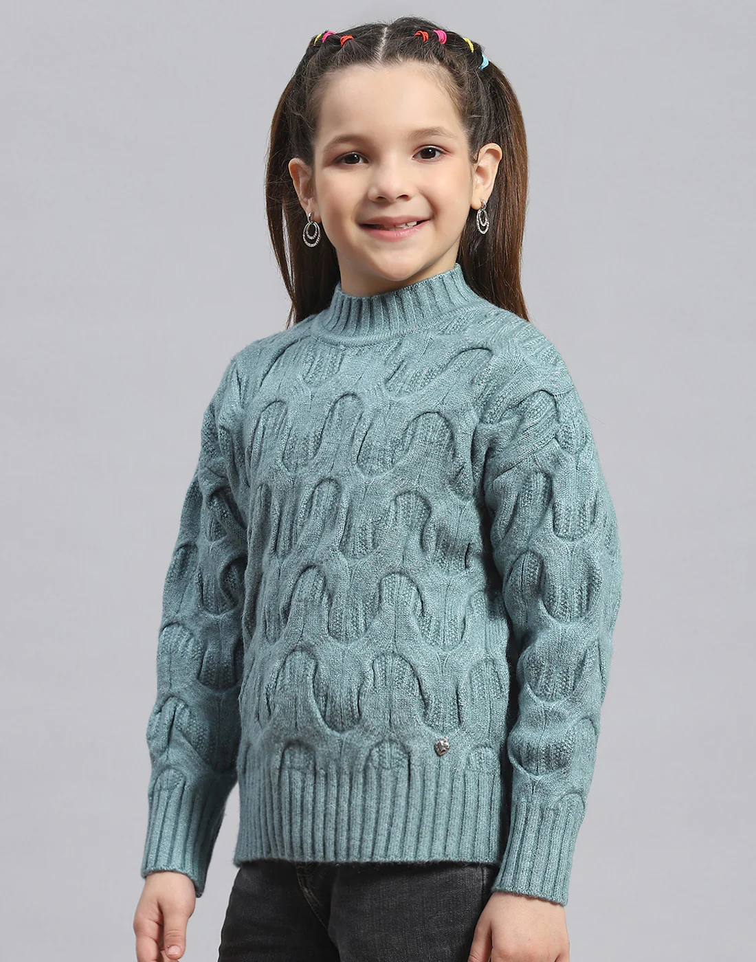 Girls Green Self Design T Neck Full Sleeve Sweater - Image 3
