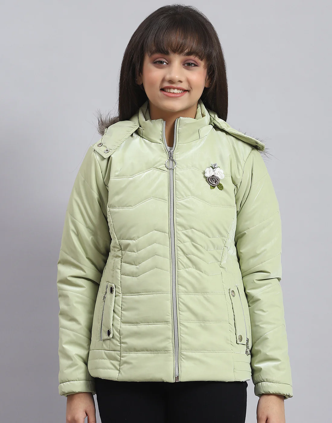 Girls Green Solid Hooded Full Sleeve Girls Jacket - Image 3